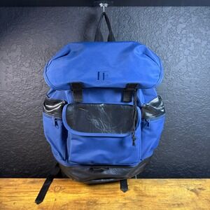 Perry Ellis Backpack Blue Nylon Black Leather Top Flap Pockets Travel